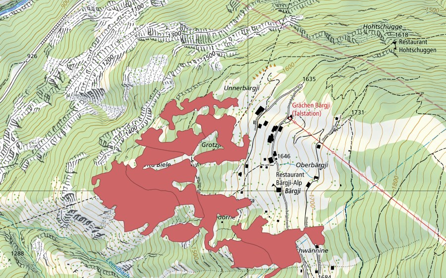 Carte nationale swisstopo avec le périmètre protégé de Bärgji (Prairie sèche)