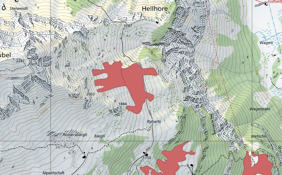 Carte nationale swisstopo avec le périmètre protégé de Bärgli (Prairie sèche)