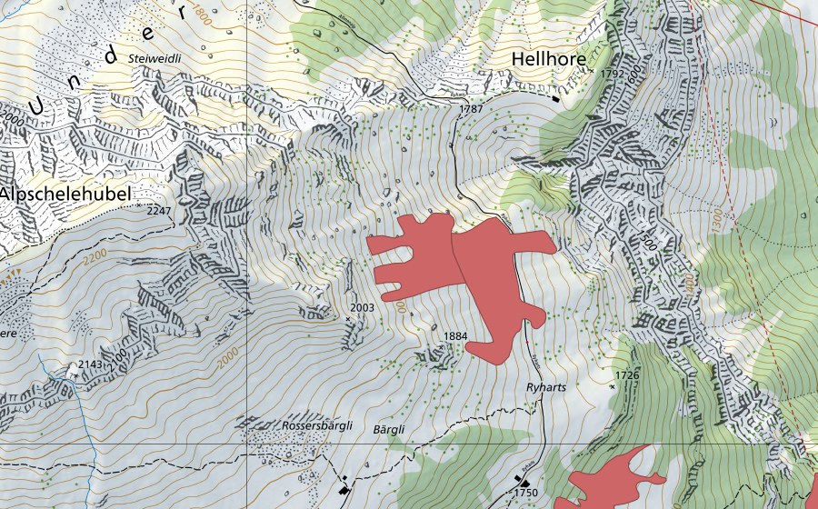 Landeskarte swisstopo mit dem Schutzperimeter von Bärgli (Trockenwiese)