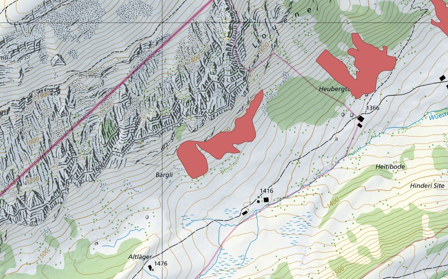 Carte nationale swisstopo avec le périmètre protégé de Bärgli (Prairie sèche)