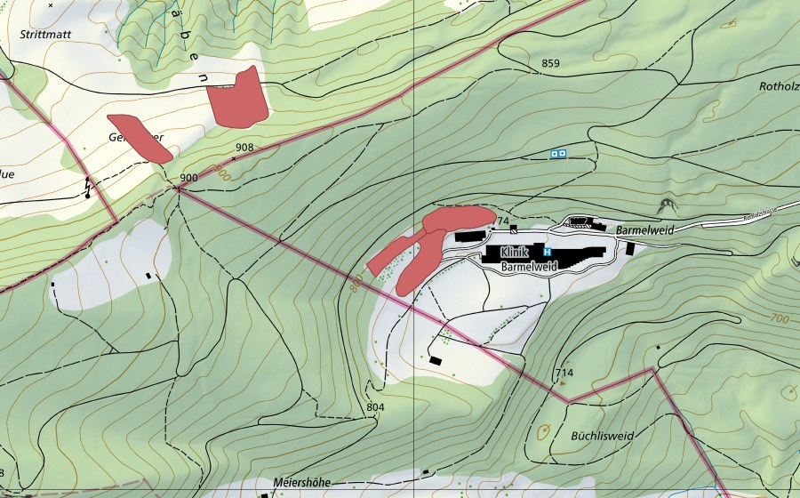 Carte nationale swisstopo avec le périmètre protégé de Barmelweid (Prairie sèche)