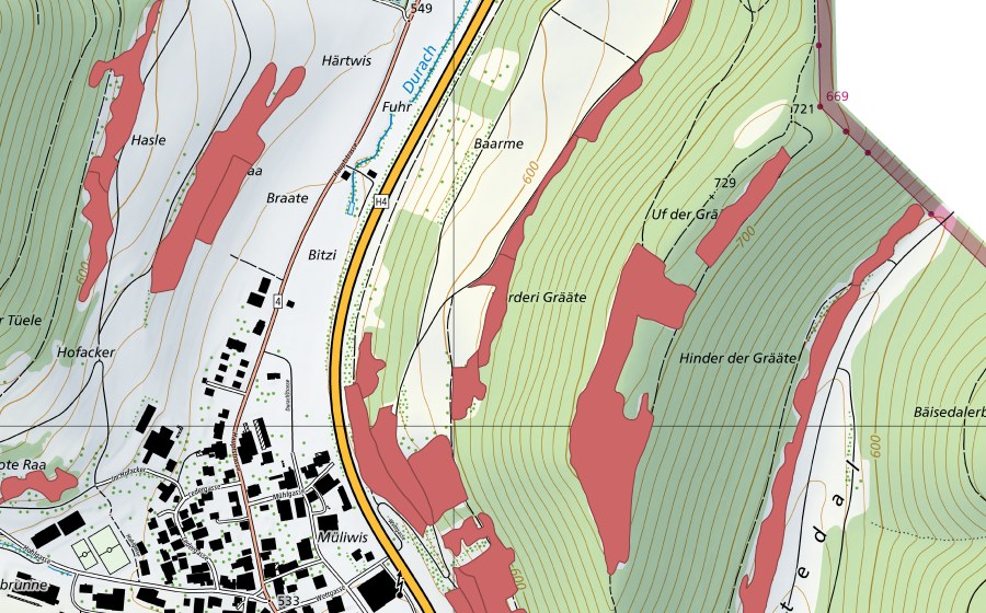 Carte nationale swisstopo avec le périmètre protégé de Barmen (Prairie sèche)
