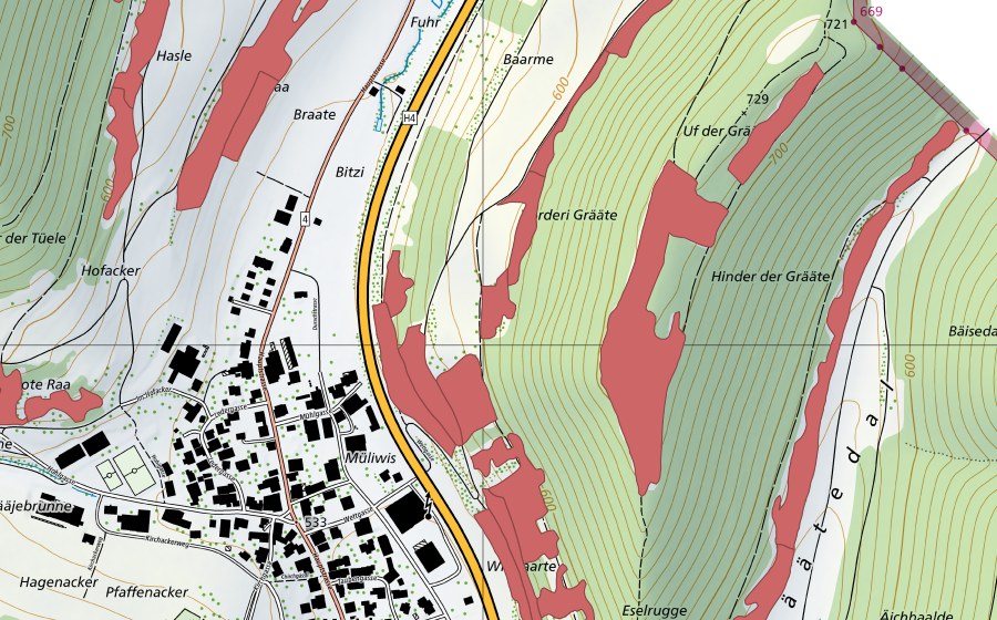 Carte nationale swisstopo avec le périmètre protégé de Barmen (Prairie sèche)
