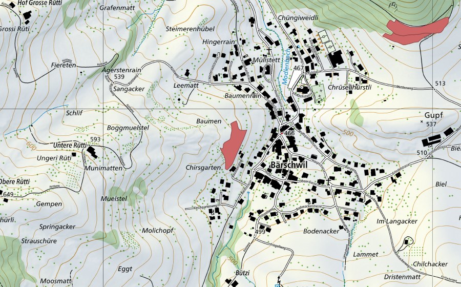 Carte nationale swisstopo avec le périmètre protégé de Bärschwil (Prairie sèche)