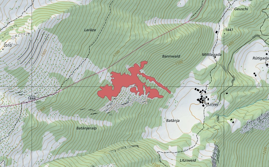 Carte nationale swisstopo avec le périmètre protégé de Batänja (Prairie sèche)