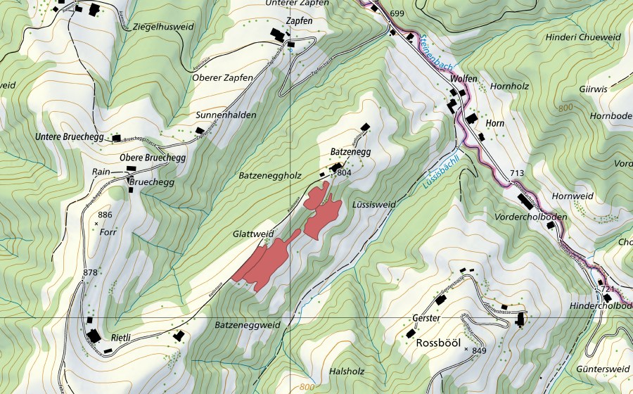 swisstopo national map showing the protected perimeter of Batzenegg (Dry meadow)