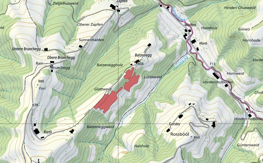 Carta nazionale swisstopo con il perimetro protetto di Batzenegg (Prato secco)