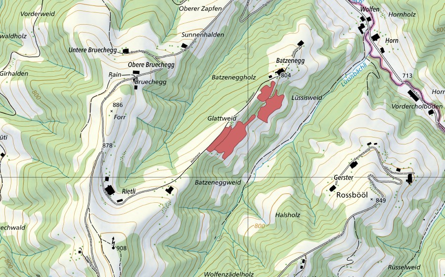 Carte nationale swisstopo avec le périmètre protégé de Batzenegg (Prairie sèche)