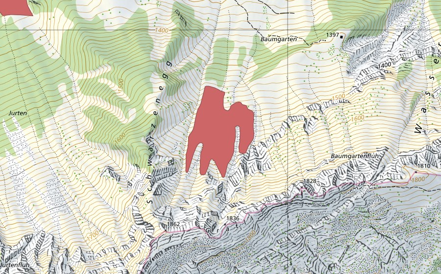 Carte nationale swisstopo avec le périmètre protégé de Baumgarten (Prairie sèche)