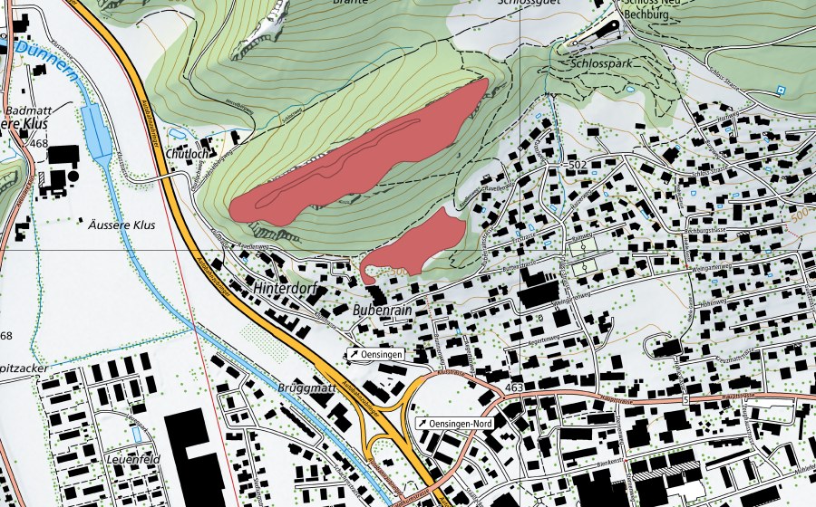 Carte nationale swisstopo avec le périmètre protégé de Bechburg (Prairie sèche)