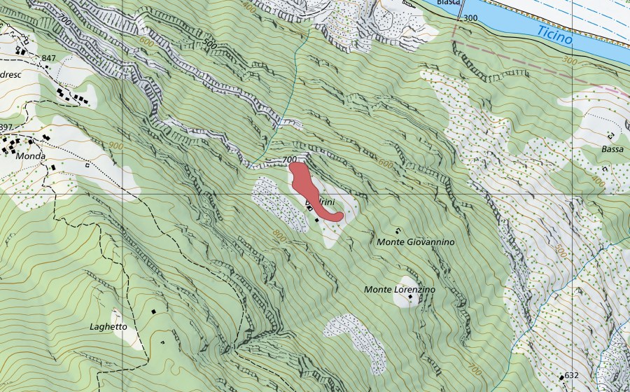 Carte nationale swisstopo avec le périmètre protégé de Bedrin (Prairie sèche)