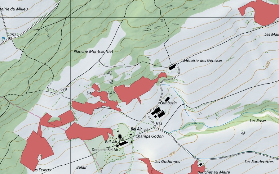 Landeskarte swisstopo mit dem Schutzperimeter von Bel Air (Trockenwiese)