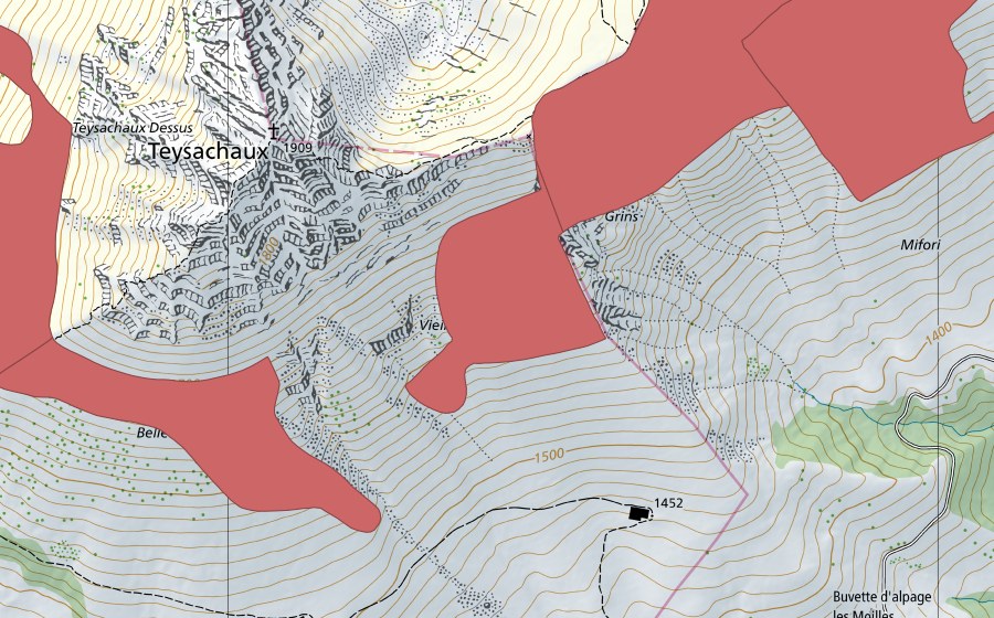 Carte nationale swisstopo avec le périmètre protégé de Belles Raies (Prairie sèche)