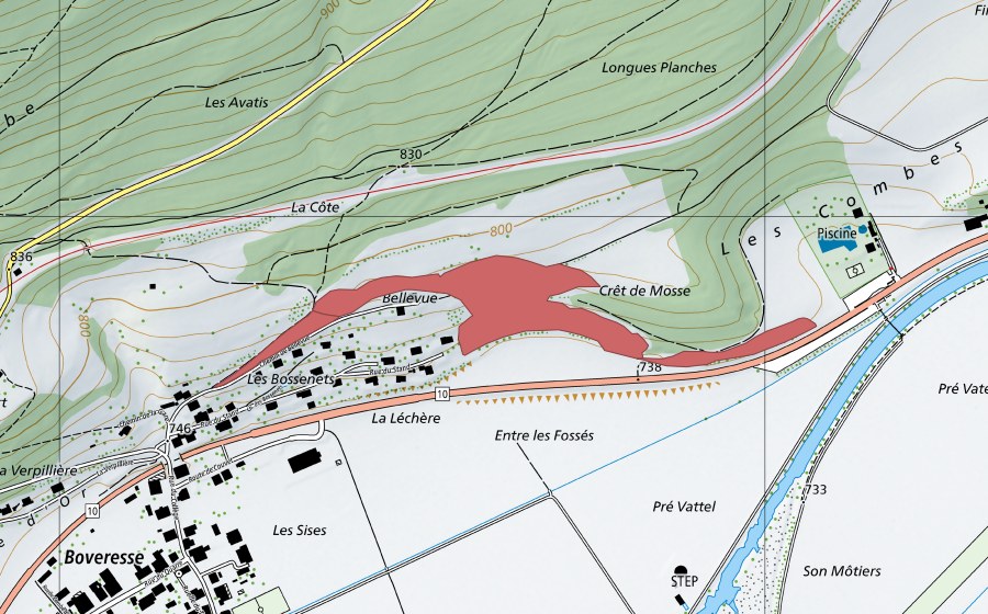 Carte nationale swisstopo avec le périmètre protégé de Bellevue (Prairie sèche)