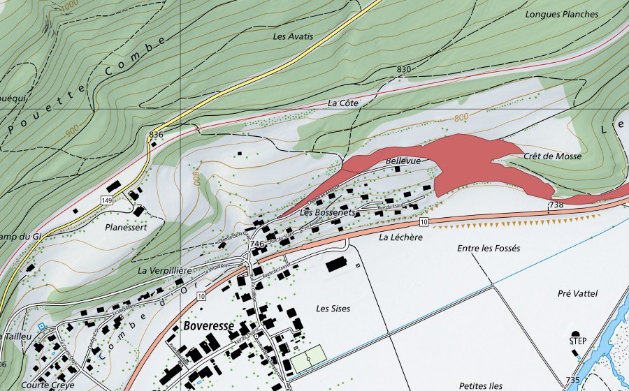 Carte nationale swisstopo avec le périmètre protégé de Bellevue (Prairie sèche)
