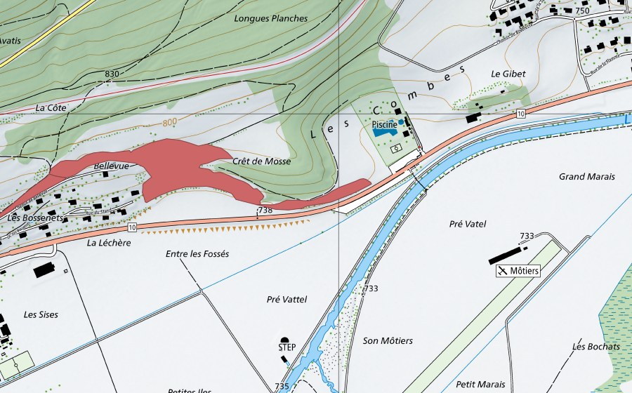 Carte nationale swisstopo avec le périmètre protégé de Bellevue (Prairie sèche)
