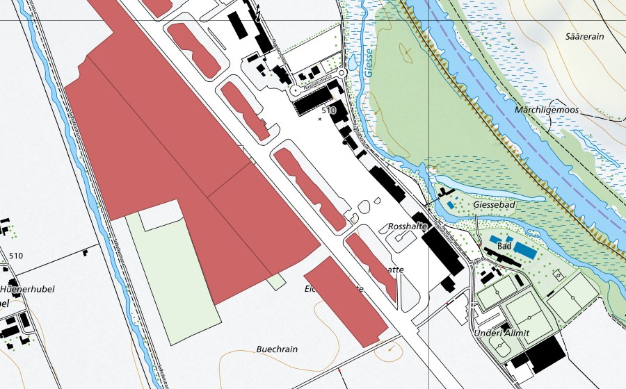 Carte nationale swisstopo avec le périmètre protégé de Belpmoos (Prairie sèche)