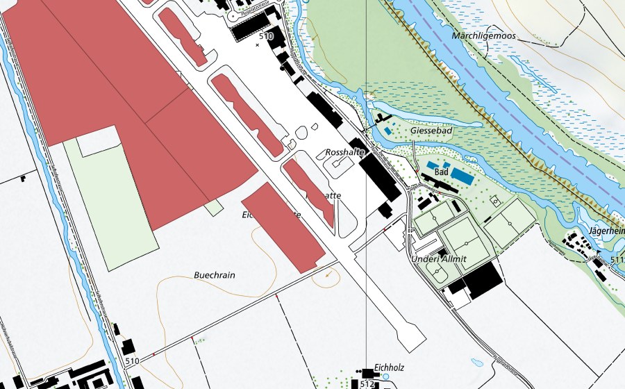Landeskarte swisstopo mit dem Schutzperimeter von Belpmoos (Trockenwiese)