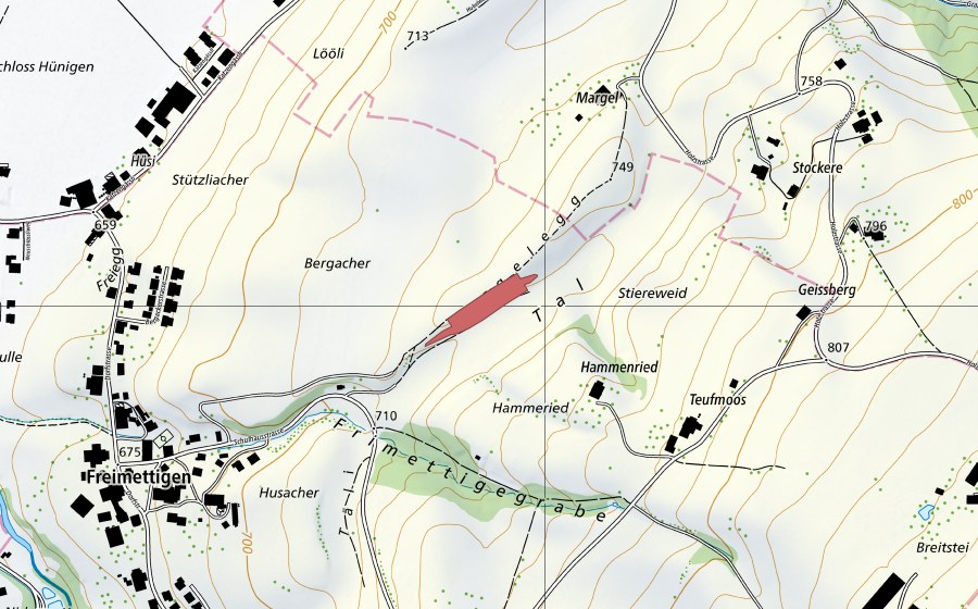 swisstopo national map showing the protected perimeter of Bergacher (Dry meadow)