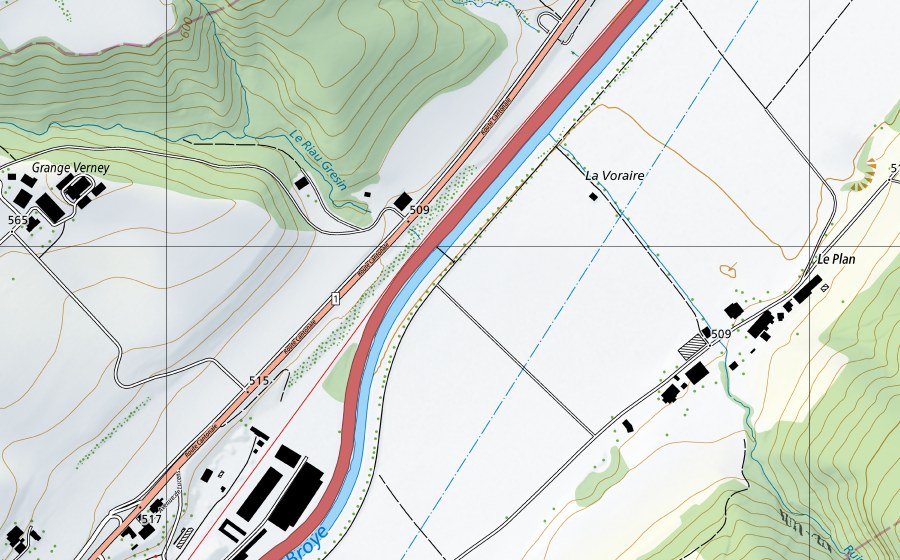 Carte nationale swisstopo avec le périmètre protégé de Berge de la Broye (Prairie sèche)