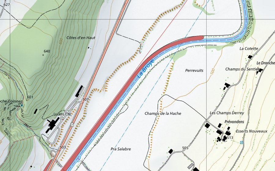 swisstopo national map showing the protected perimeter of Berge de la Broye (Dry meadow)