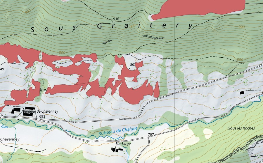 Carte nationale swisstopo avec le périmètre protégé de Bergerie de Chavanney (Prairie sèche)