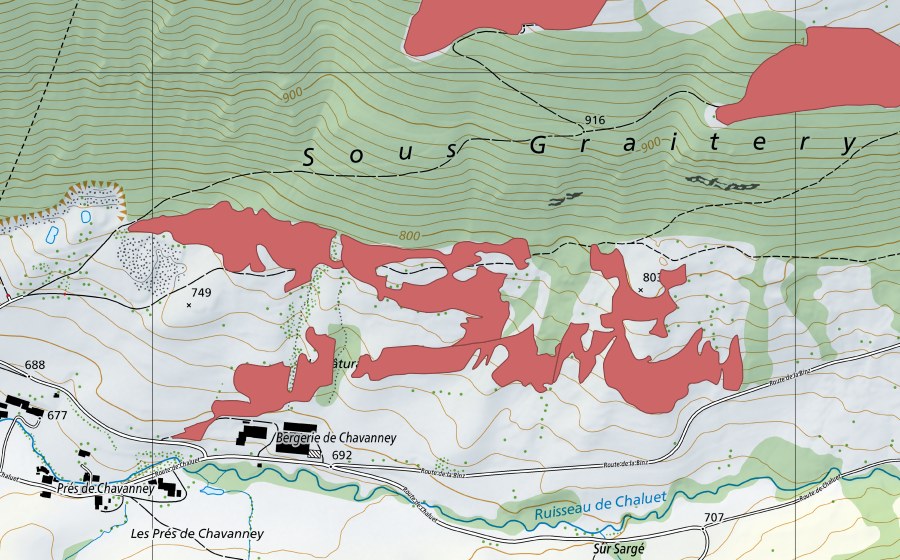 Carte nationale swisstopo avec le périmètre protégé de Bergerie de Chavanney (Prairie sèche)