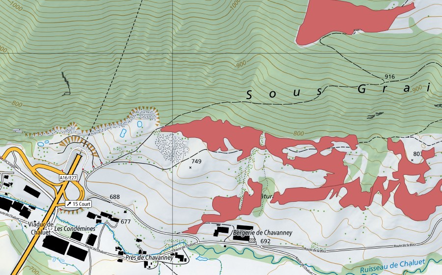 Carte nationale swisstopo avec le périmètre protégé de Bergerie de Chavanney (Prairie sèche)