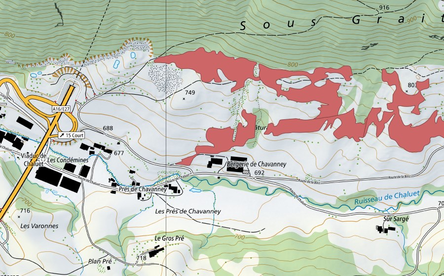 Carte nationale swisstopo avec le périmètre protégé de Bergerie de Chavanney (Prairie sèche)