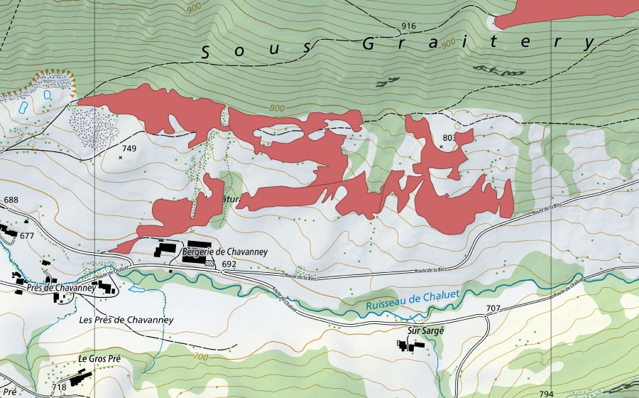 Landeskarte swisstopo mit dem Schutzperimeter von Bergerie de Chavanney (Trockenwiese)