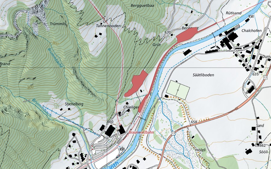 swisstopo national map showing the protected perimeter of Bergguet (Dry meadow)