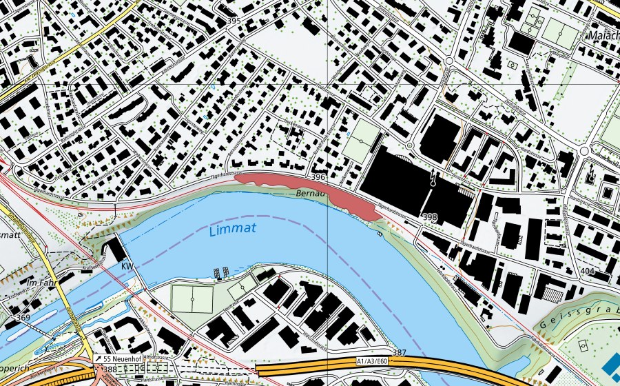 Carte nationale swisstopo avec le périmètre protégé de Bernau (Prairie sèche)