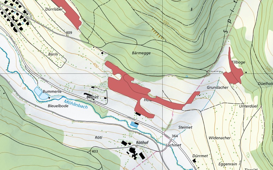 Carte nationale swisstopo avec le périmètre protégé de Bernet (Prairie sèche)