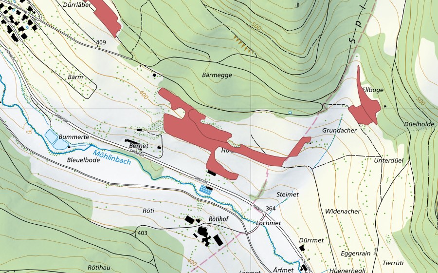 Carte nationale swisstopo avec le périmètre protégé de Bernet (Prairie sèche)