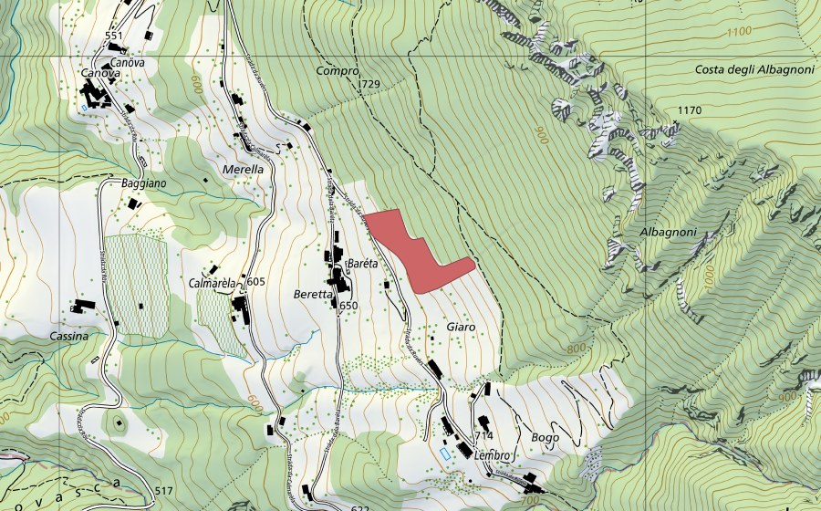 Landeskarte swisstopo mit dem Schutzperimeter von Berretta (Trockenwiese)