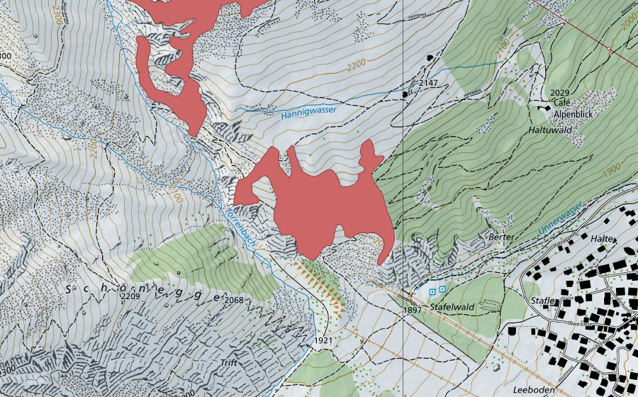 swisstopo national map showing the protected perimeter of Berter (Dry meadow)