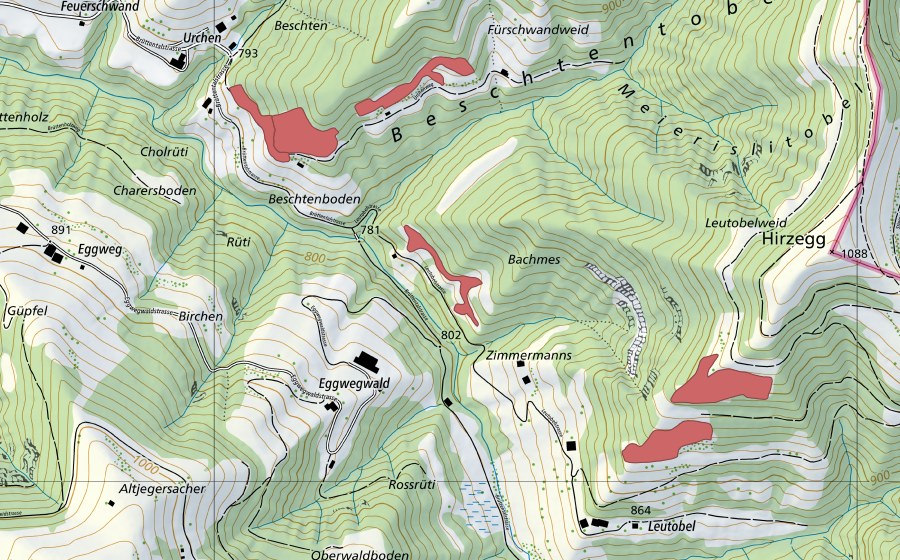 Landeskarte swisstopo mit dem Schutzperimeter von Beschtentobel (Trockenwiese)