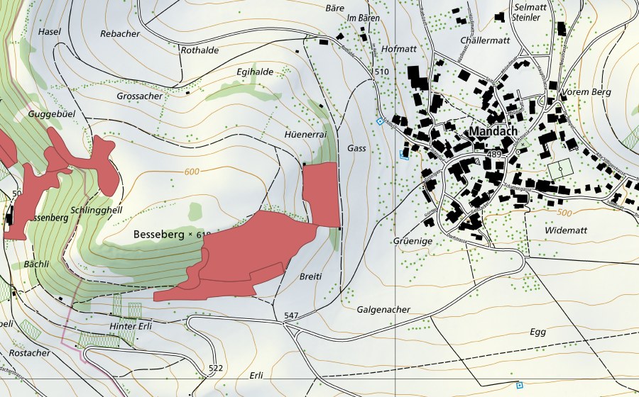 Carte nationale swisstopo avec le périmètre protégé de Besseberg (Prairie sèche)