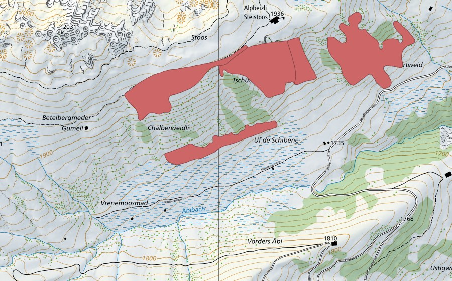 swisstopo national map showing the protected perimeter of Betelbergmeder (Dry meadow)