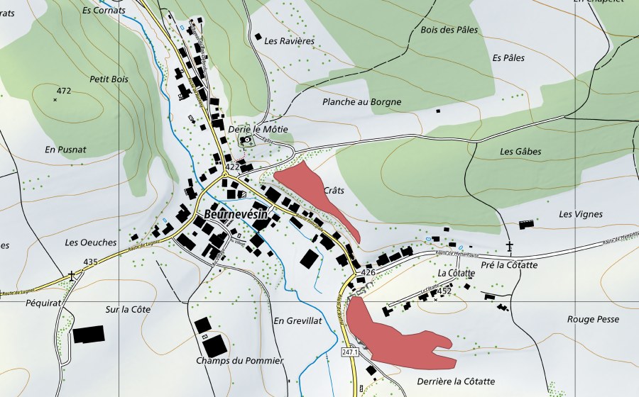 swisstopo national map showing the protected perimeter of Beurnevésin (Dry meadow)