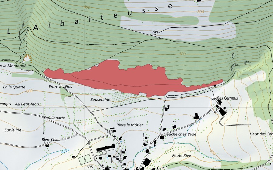 Carte nationale swisstopo avec le périmètre protégé de Beuseraine (Prairie sèche)