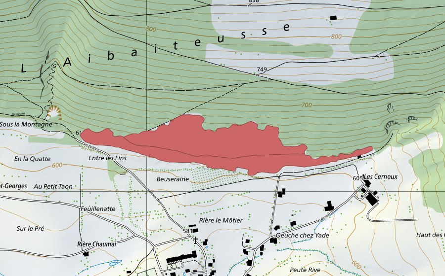 swisstopo national map showing the protected perimeter of Beuseraine (Dry meadow)