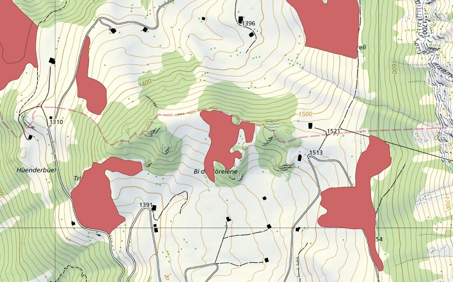 Landeskarte swisstopo mit dem Schutzperimeter von Bi de Hörelene (Trockenwiese)