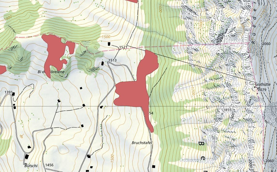 Carte nationale swisstopo avec le périmètre protégé de Bi de Hörelene (Prairie sèche)