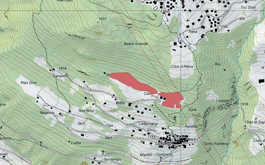 Landeskarte swisstopo mit dem Schutzperimeter von Bidré (Trockenwiese)