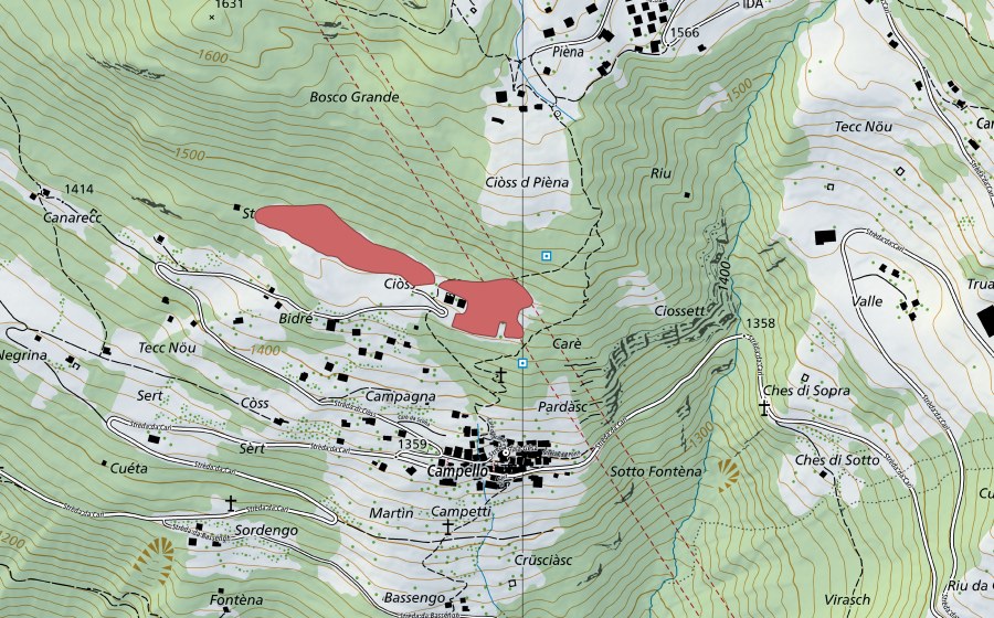 Landeskarte swisstopo mit dem Schutzperimeter von Bidré (Trockenwiese)