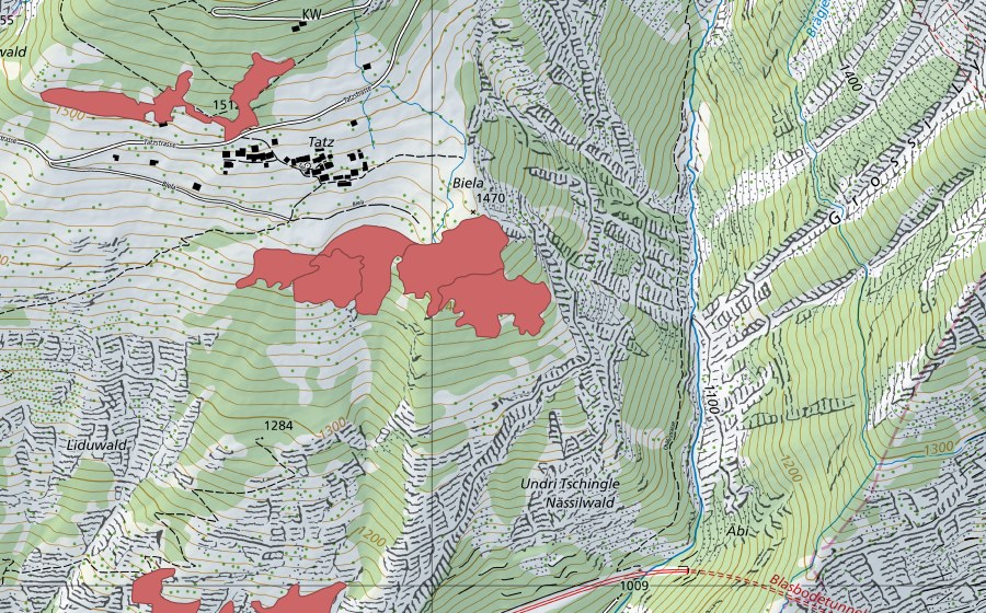 Carte nationale swisstopo avec le périmètre protégé de Biela (Prairie sèche)