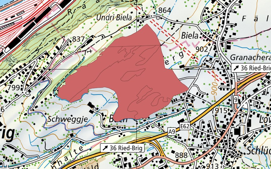 swisstopo national map showing the protected perimeter of Biela (Dry meadow)