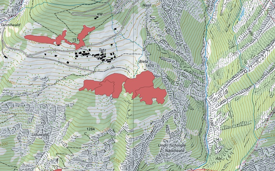Carte nationale swisstopo avec le périmètre protégé de Biela (Prairie sèche)