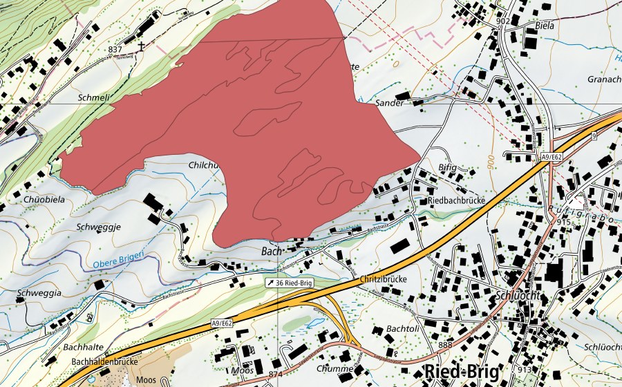 swisstopo national map showing the protected perimeter of Biela (Dry meadow)